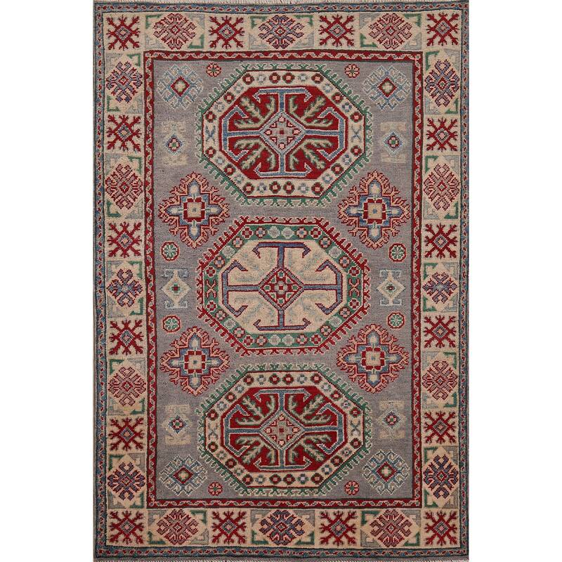 Gray Geometric Kazak Foyer Rug Hand-Knotted Wool Carpet - 3'5" x 4'11"