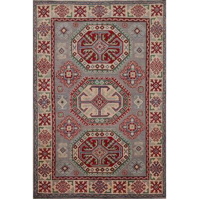 Gray Geometric Kazak Foyer Rug Hand-Knotted Wool Carpet - 3'5" x 4'11"