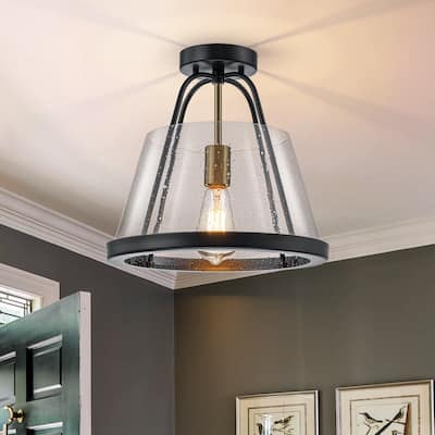 Industrial 1-Light Farmhouse Black Seeded Glass Semi Flush Mount