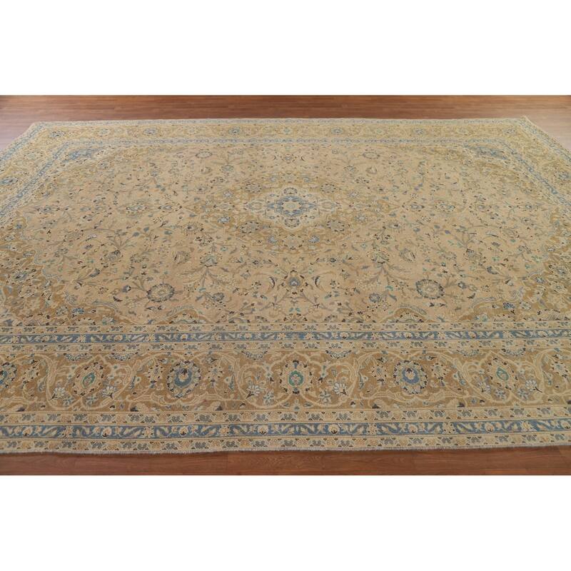 Hand Knotted Oriental 100% Wool Carpet Traditional Floral Beige & Ivories Kashan Area Rug - 13' 3'' X 9' 8''