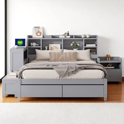 Wooden Full Platform Bed with Headboard Shelf, Side Desk, USB Charging Station, Drawers and Nightstand