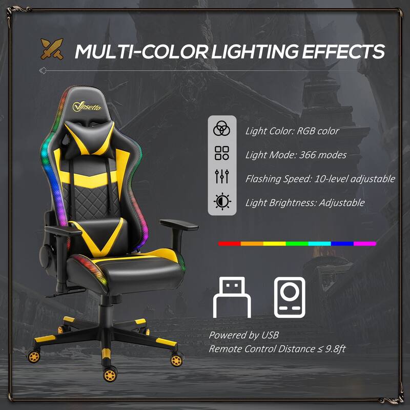 Vinsetto Gaming Chair with RGB LED Light, 3D Arm, Lumbar Support, Swivel Home Office Computer Recliner High Back Racing Gamer