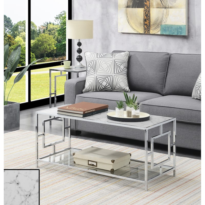 Convenience Concepts Town Square Chrome Coffee Table with Shelf - White Faux Marble/Chrome