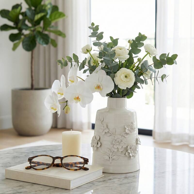 Sagebrook Home 11" Floral Vase, White, Round