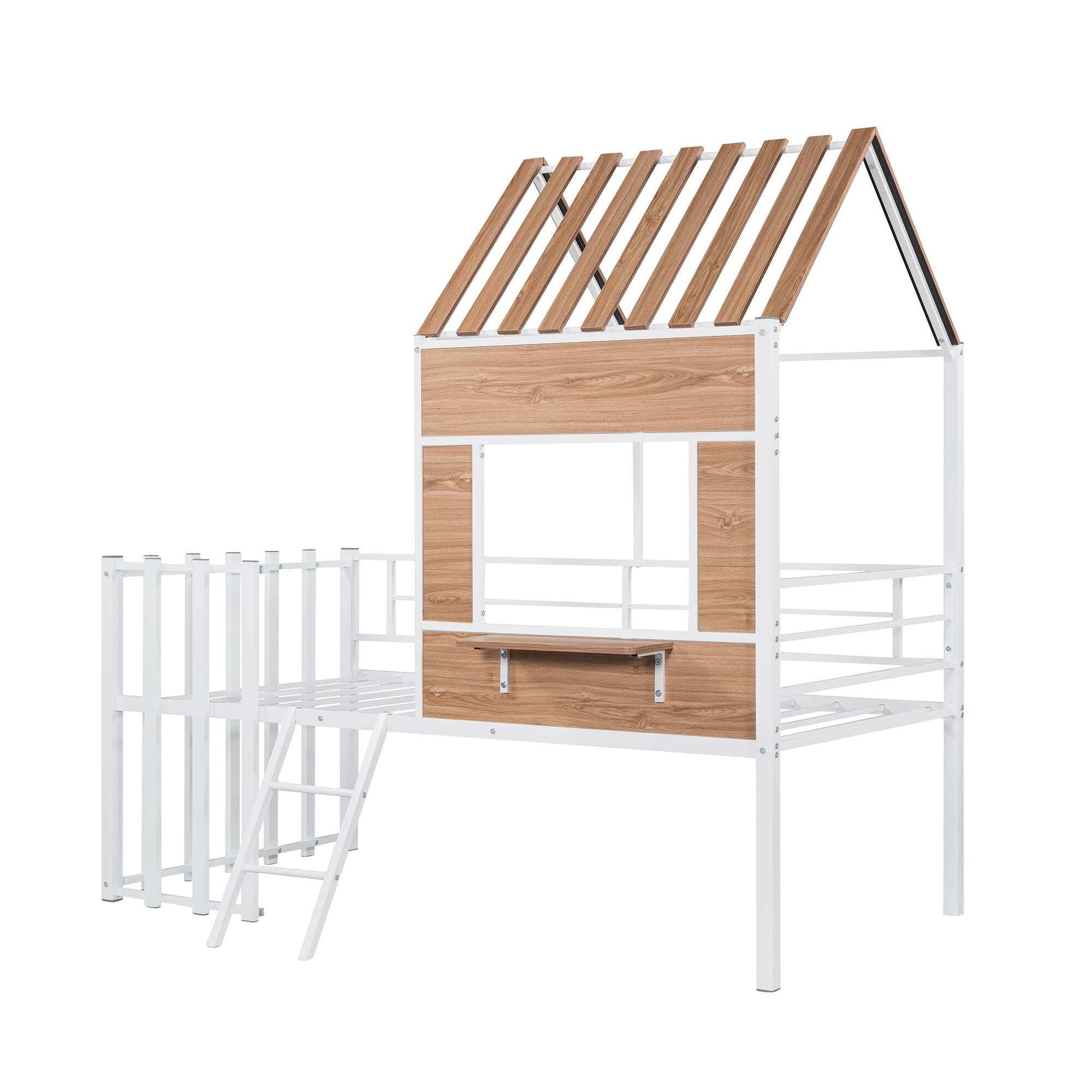 Metal Twin Size Loft Bed with Roof, Window, Guardrail, Ladder - Bed ...