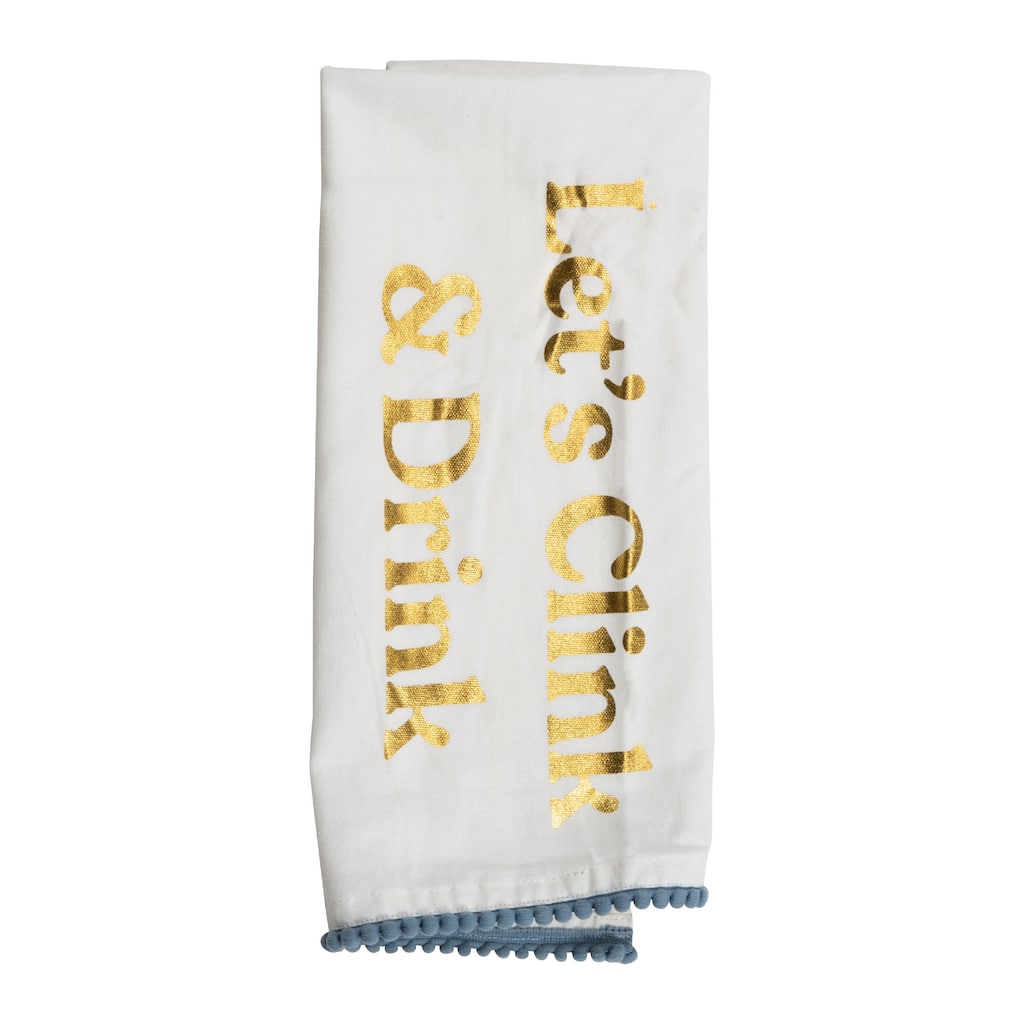Foreside Home & Garden "Let's Clink" 27 x 18 Inch Screen Printed Kitchen Tea Towel with Hand Sewn Pom Poms - Single