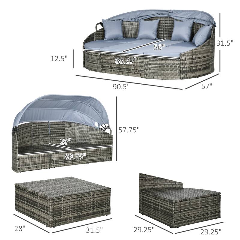 Outsunny 4-Piece Outdoor Rattan Furniture Set, Round Convertible Patio Daybed or Sunbed, Sectional Sofa with Canopy