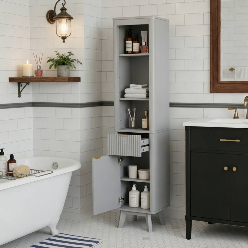 68" H Tall Bathroom Storage Cabinet with Adjustable Shelves and One Drawer & Door, Storage Cabinet for Bathroom, Living Room