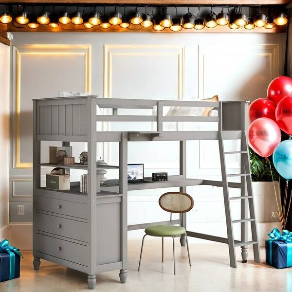 slide 2 of 15, Solid Wood Twin Size Loft Bed with Drawers and Desk, Storage Space for Bedroom, Dorm Grey