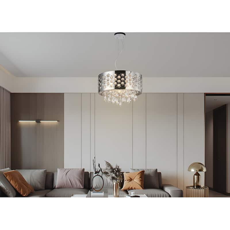 Hexagon Patterned 6-Light Drum Silver Luxury Pendant Light - N/A