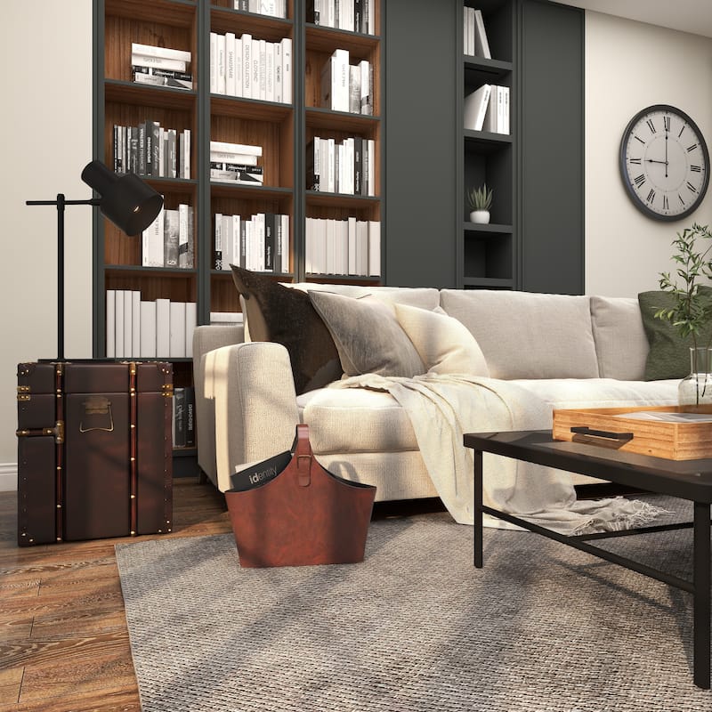 Brown, Dark Brown, Gray or Black Leather Handmade Box Style Single Slot Decorative Magazine Holder with Curved Buckle Handle