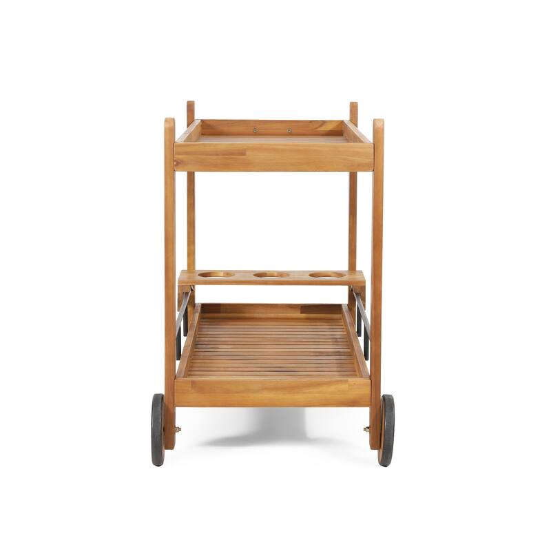 Roomfitters Outdoor Wooden Rolling Bar Cart with Wine Glass Holders and Storage Shelves, Natural Wood