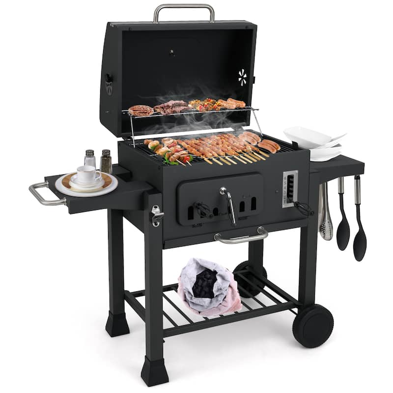 Large Backyard BBQ Grill with 6-Level Charcoal Tray and Thermometer Foldable Side Shelves - 52" x 22.5" x 42"