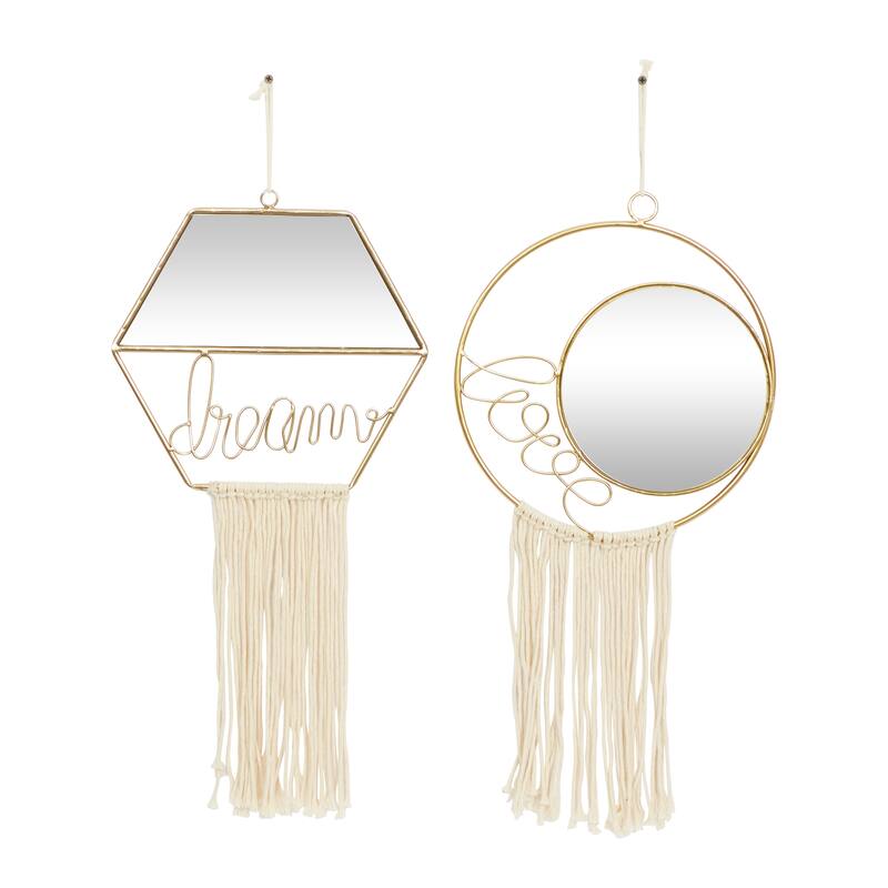 Gold Metal Handmade Dream, Love Wall Mirror with Fringe Tassels (Set of 2) - 11 x 1 x 27