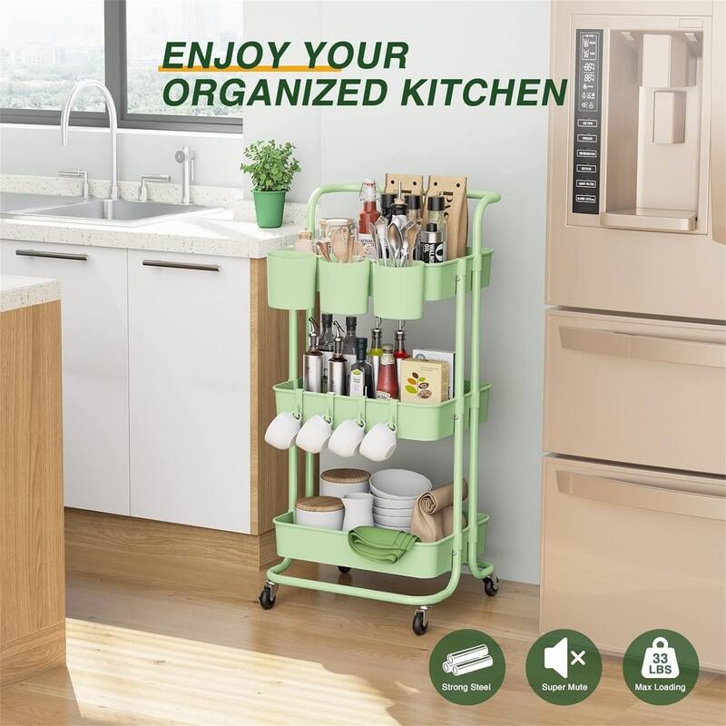 3Tier Rolling Mobile Utility Cart with Hanging Cups - 13"D x 16.5"W x 33"H