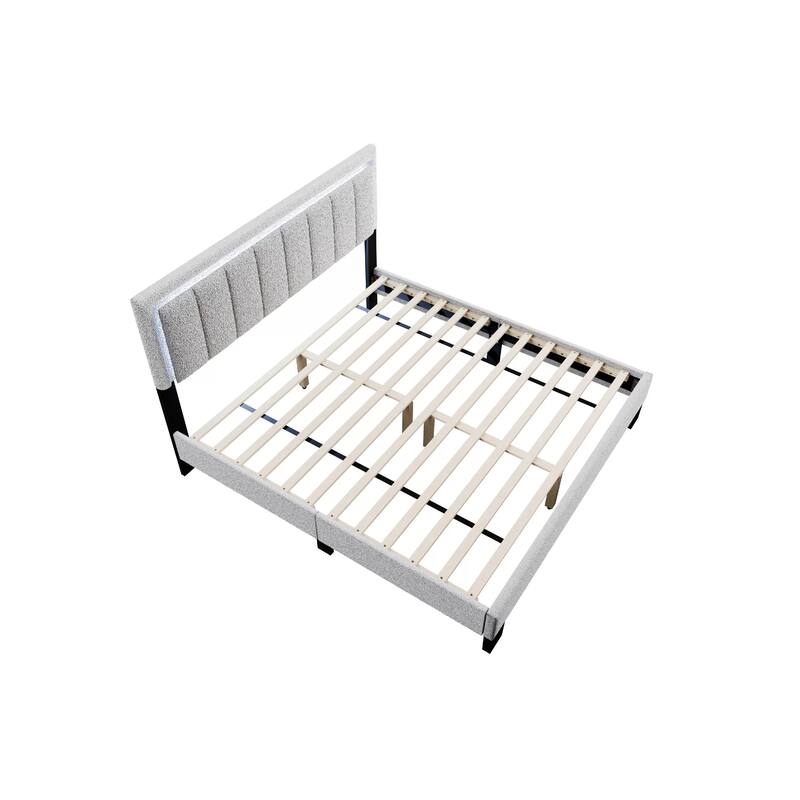 Jiana Full Bed, Light Gray Wool Upholstery, LED Headboard