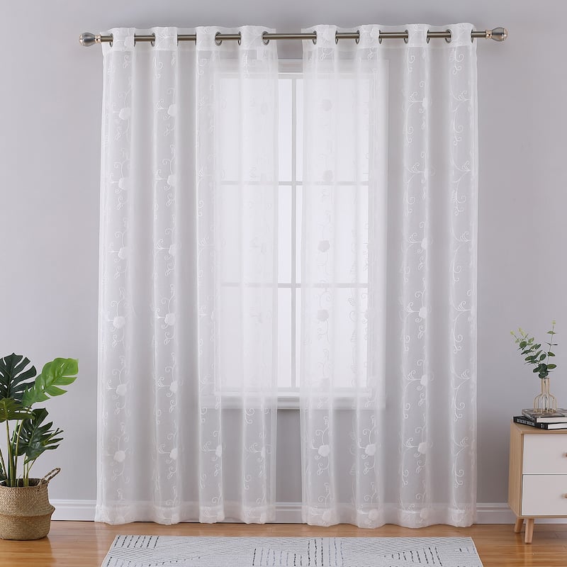 Whizmax Semi Sheer Curtains Floral Embroidered Half Grommet Voile ...