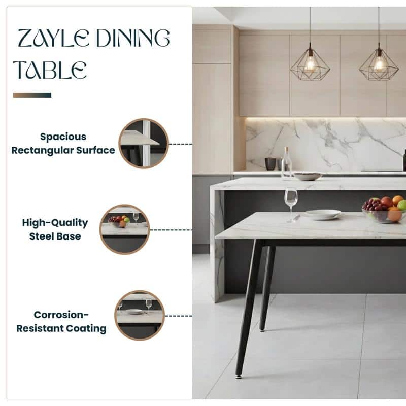 Zayle Mid-Century Modern Glass or Sintered Stone Rectangular Dining Table with Powder-Coated Steel Finish for Kitchen