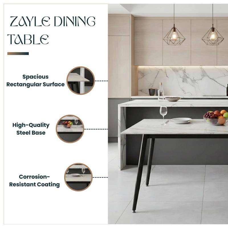 Zayle Series Modern Rectangular Dining Table 55"-71" with Glass or Sintered Stone Top and Powder-Coated Steel Base