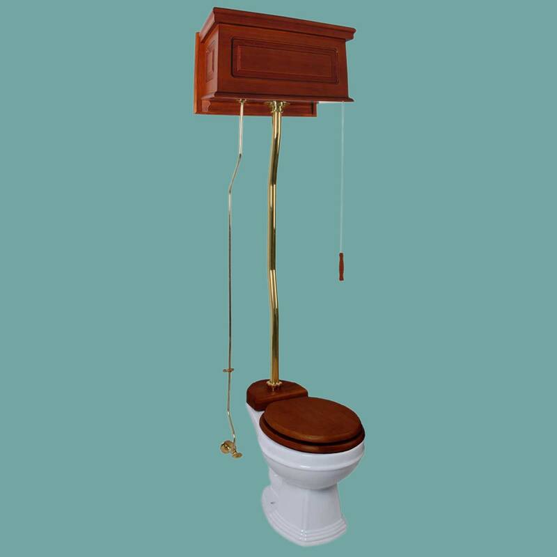 Light Mahogany Wooden High Tank Toilet Raised Tank, Brass Z Pipe and Round White Bowl