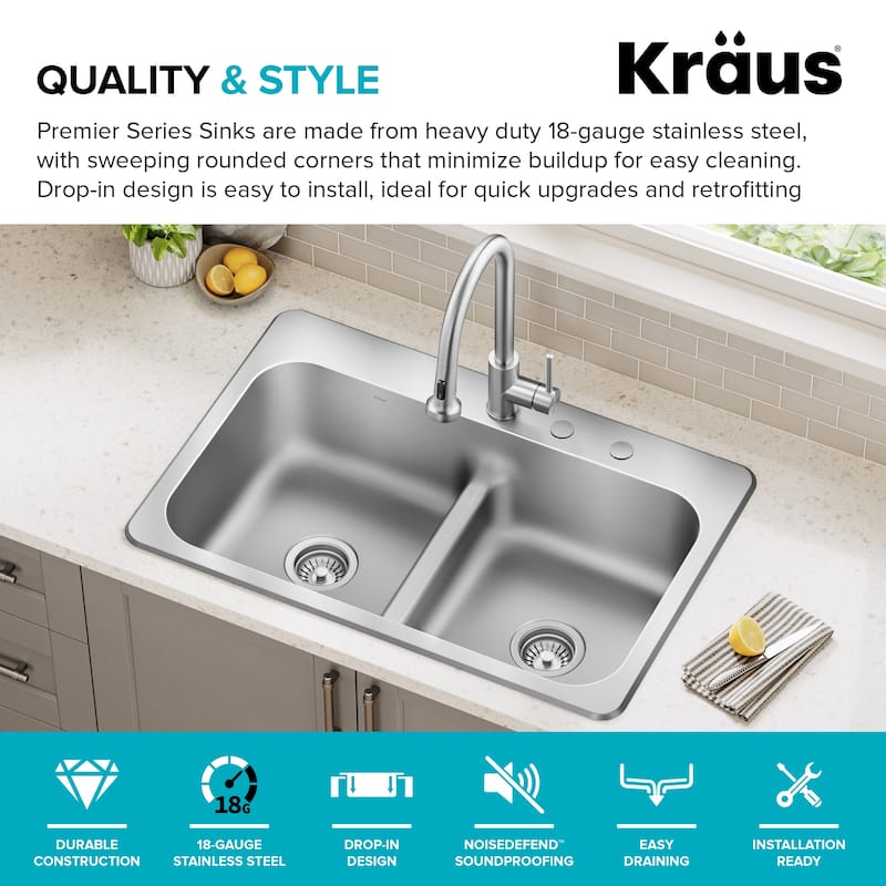 KRAUS Premier Drop In Top Mount 18 gauge Stainless Steel Kitchen Sink