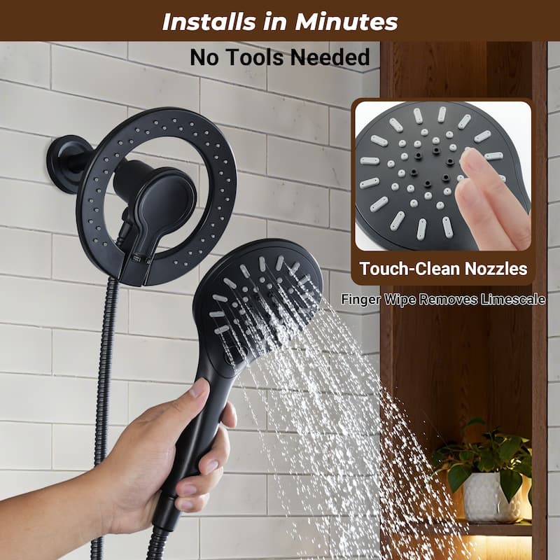 Magnetic 2-in-1 Shower System - 4-Spray 7.5 in. Wall Mount Dual Fixed and Handheld Shower Head in Matte Black