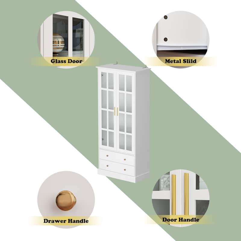 Glass Cabinet 70.1"White Display Curio Storage Cabinet with Glass Door