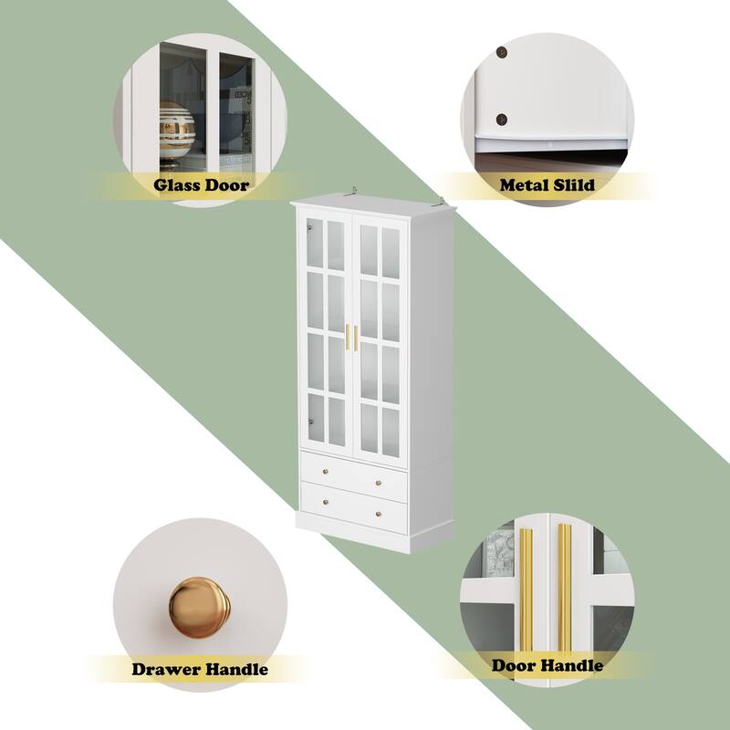 Glass Display Cabinet with 4 Shelves, 2 Doors Curio Cabinets Pantry - 31.5"Wx70.1"H