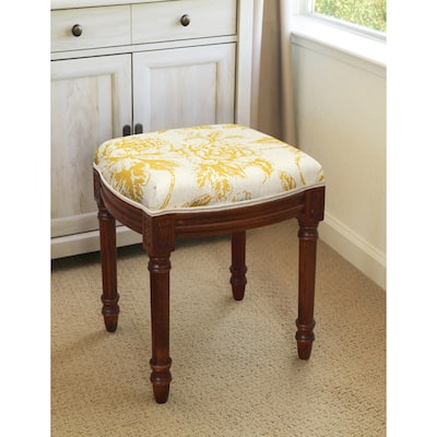 Mustard Peony Vanity Stool with wood stained finish