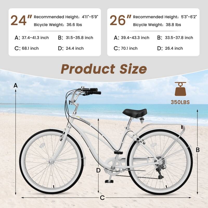 Beach Cruiser Bike for Women and Men, 24/26 Inch 7-Speed Adult Bicycle
