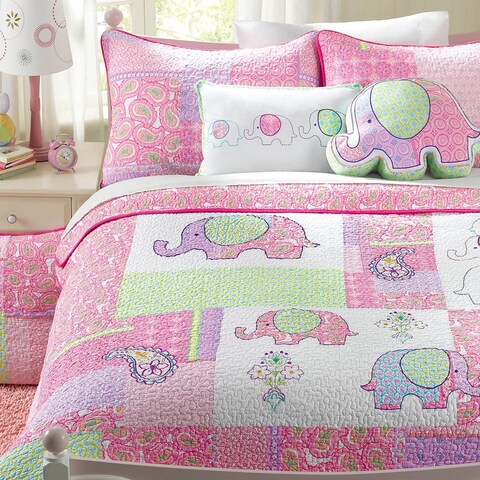 Pink Elephant Patch Cotton Pink Purple Paisley Quilt Set