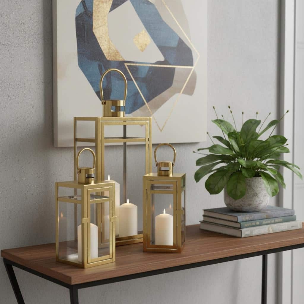 Set of Three Clear And Gold Glass And Stainless Steel Tabletop Lantern Candle Holders