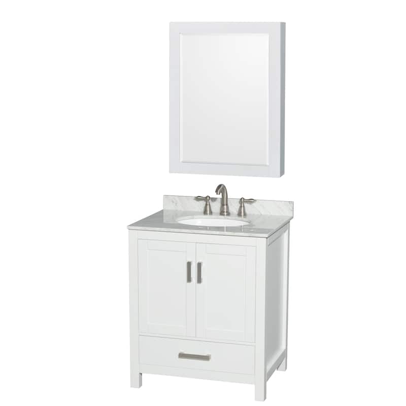 Wyndham Collection Sheffield Single Vanity Set, Medicine Cabinet - 30-Inch Single - White, White Carrara Marble Top, Chrome Trim