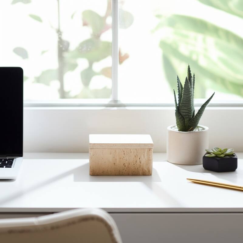 Travertine Decorative Box with Lid - Tan