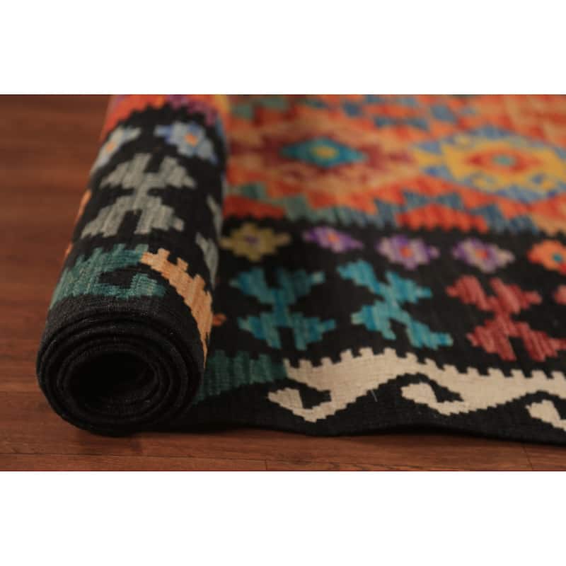 Geometric Kilim Area Rug Hand-Woven Wool Carpet - 8'8"x 11'8"