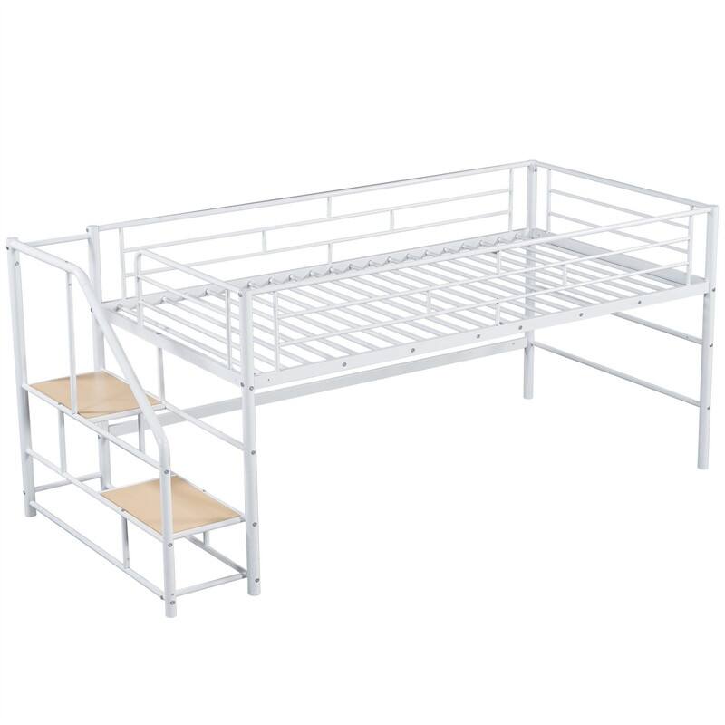 Twin Size Mid Loft Bed with Storage Stairs, Heavy Duty Metal Loft Bed Frame with Guardrails, Kids Playhouse Bed with Slats