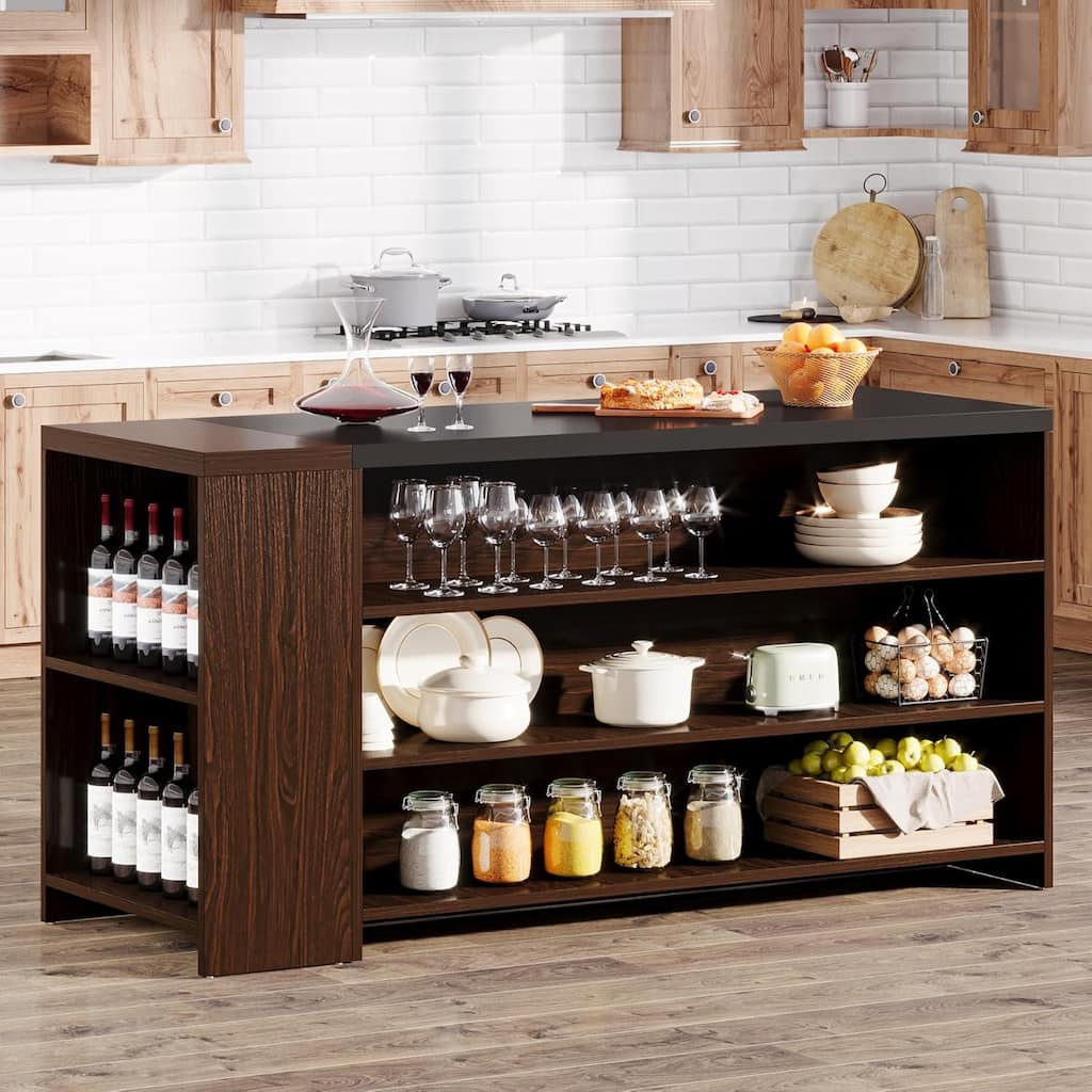 55" Wood Kitchen Island with Storage, 5-Tier Stationary Island Table with 5 Shelves