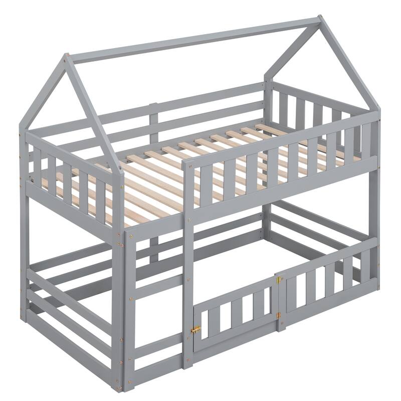 Twin Pine House Bunk Bed with Fence, Guardrail, and Door
