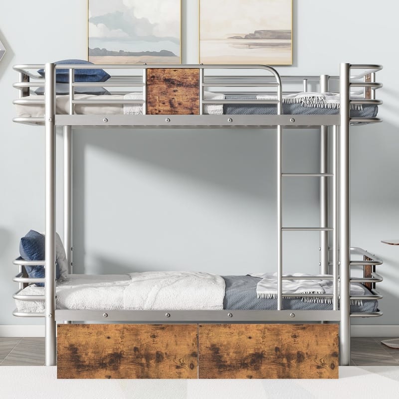 Twin XL over Twin XL Metal Bunk Bed with Guardrail and 2 Drawers