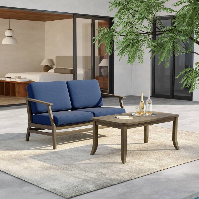 Outdoor Loveseat Sofa with Coffee Table Teak Wood Patio Furniture