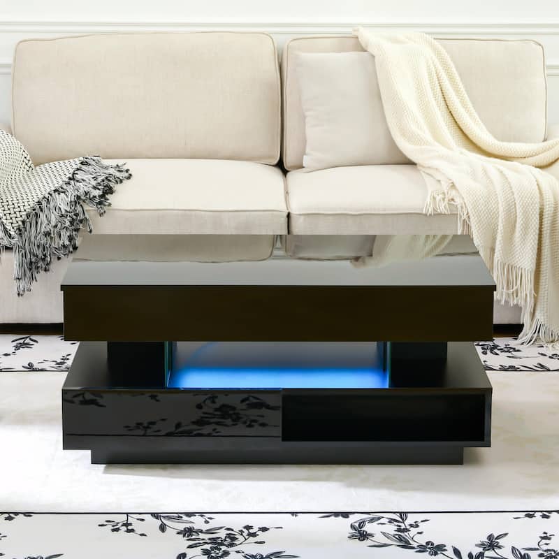 39.3" Lift Top Coffee Table with Hidden Compartment, 2 Storage Drawers and Adjustable LED Lights