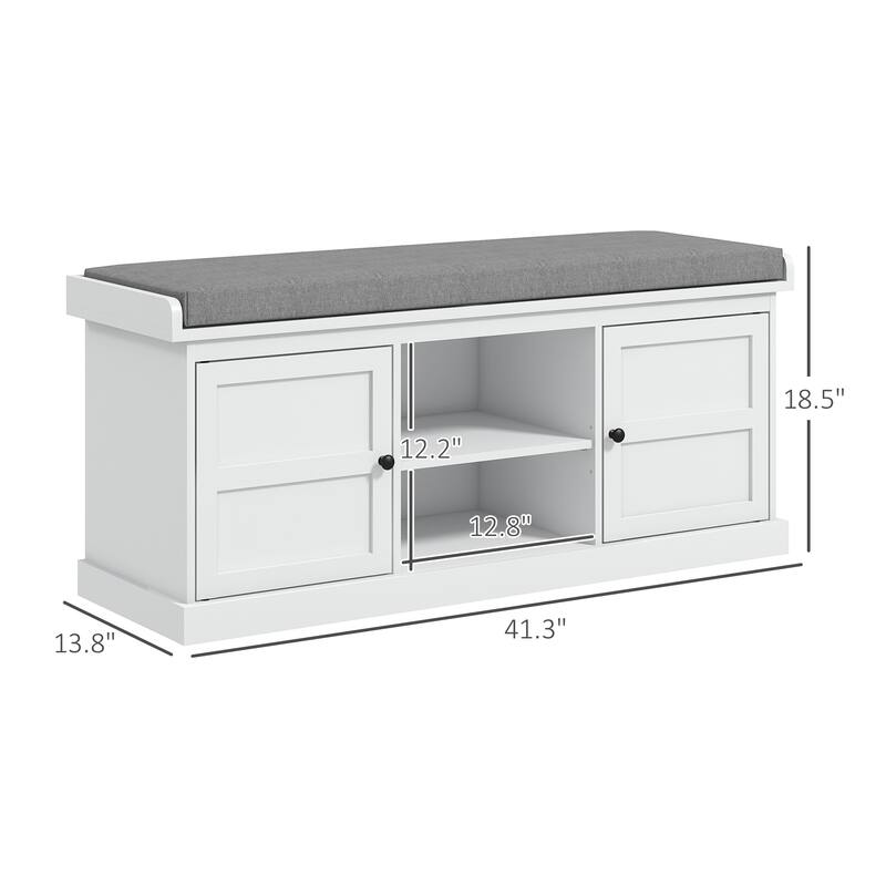 HOMCOM White Shoe Storage Bench with Padded Seat, 2 Cabinets and Adjustable Shelf