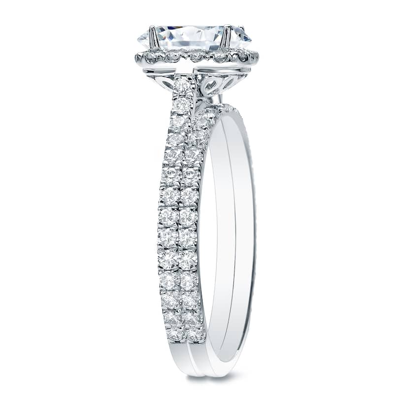 Auriya 1 3/4ctw Cushion Cut Halo Diamond Engagement Ring Set 14K Gold Certified