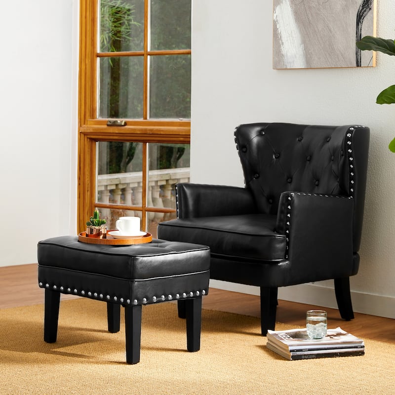 Glitzhome 22"W Mid-century PU Leather Tufted Ottoman Foot Stool