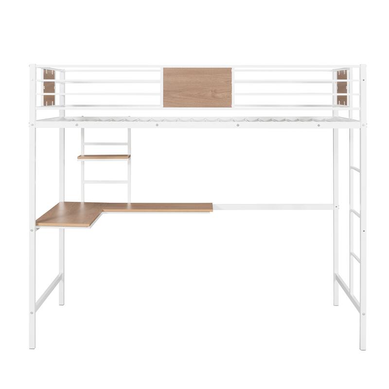 Metal Loft Bed Twin Size with Desk and Shelf, Metal Twin Bedframe