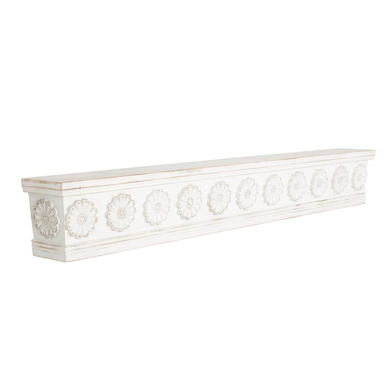 White Wooden Floral Room Wall Shelf with Brown Distressing