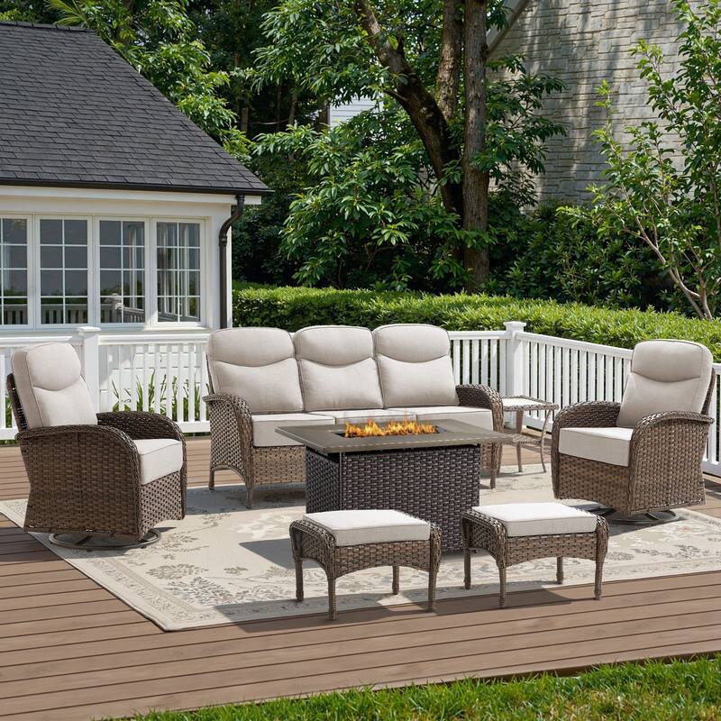 Luna 7-Piece Wicker Outdoor Patio Fire Pit Sofa Set with 6-Inch Thick Cushions