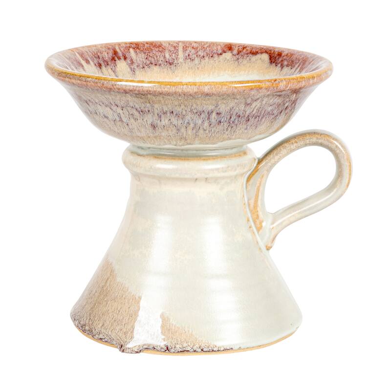 Stoneware Pillar Candle Holder with Handle and Reactive Glaze
