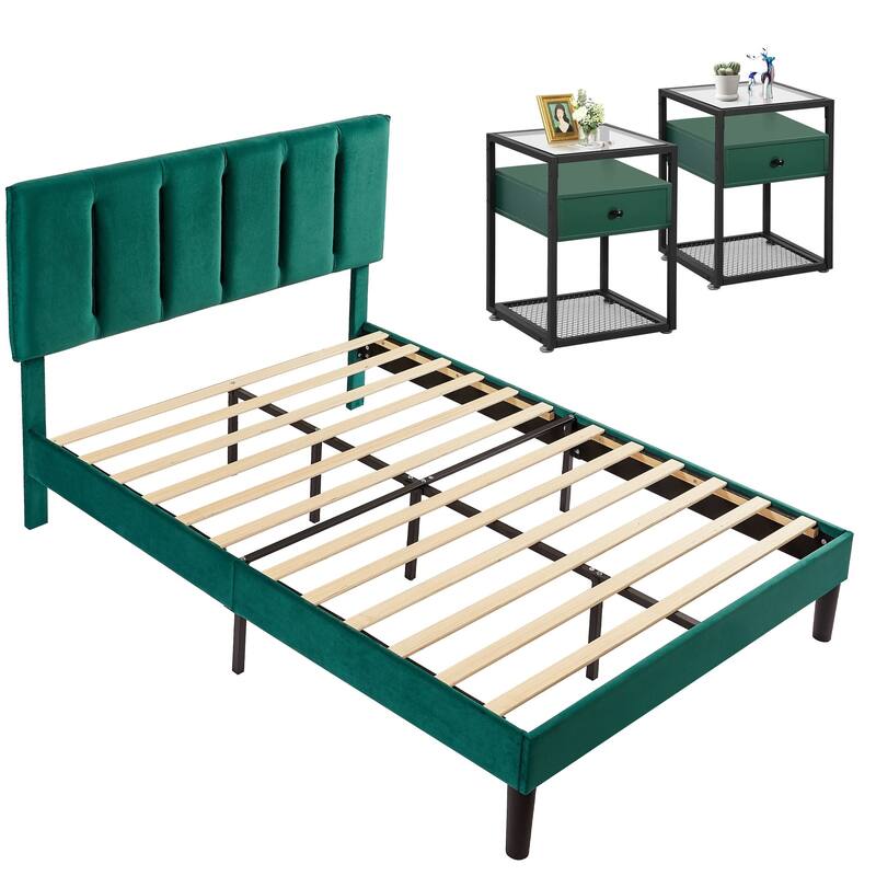 VECELO, Five Colors, 3-Pieces Tufted Upholstered Platform Bed Frame with Adjustable Height Headboard and Nightstands Set of 2