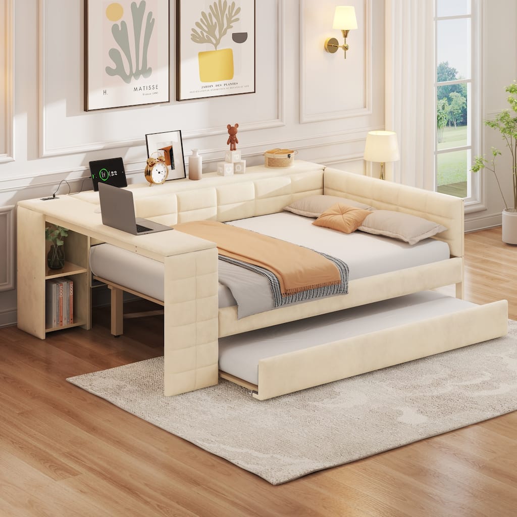 Full Size Upholstered Platform Bed with Storage, Desk, Charging Station, and Trundle in Beige